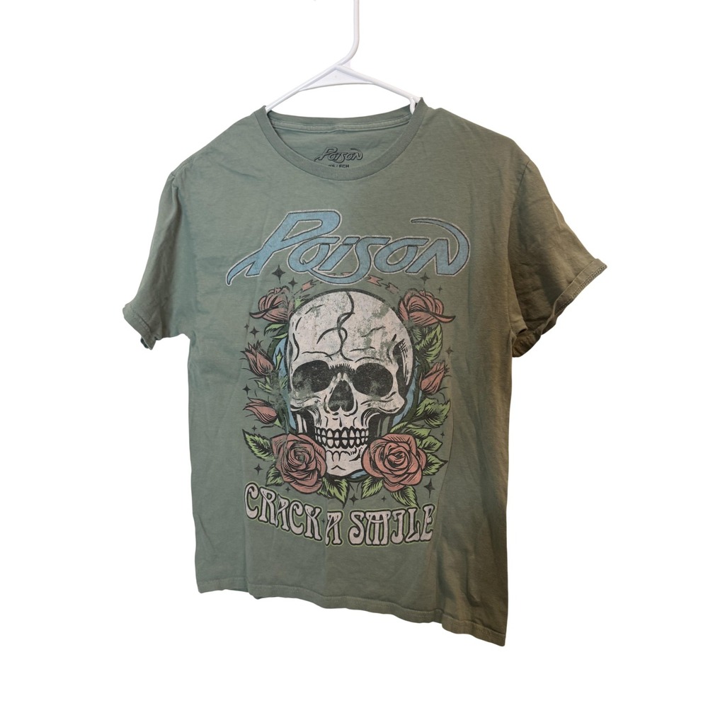 Poison Shirt Mens XS Green Crack‎ A Smile Skull Roses Graphic Band Rock Tee